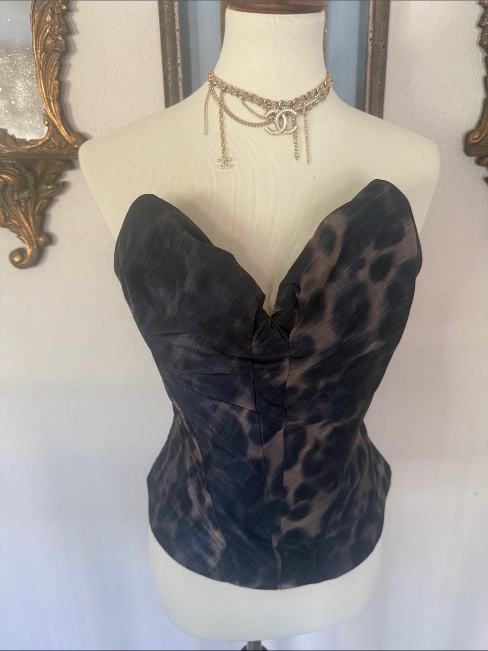 All Saints Black & Brown Leopard-Print Strapless Bustier Camisole